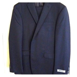 DKNY solid navy three piece slim fit suit